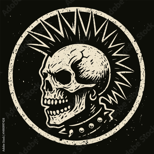 Grunge punk skull with mohawk spikes and studded collar ring.