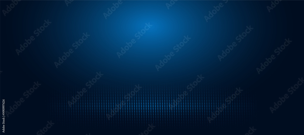 Dark blue studio background with spotlights on wall and polka dot floor. Abstract art design. Modern business concept. Future technology. Perfect for poster, cover, banner or brochur. Dark blue studio background with spotlights on wall and polka dot floor. Abstract art design. Modern business concept. Future technology. Perfect for poster, cover, banner or brochur.