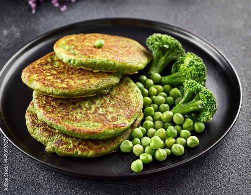 healthy vegan dish of green broccoli and pea pancakes served on a black plate