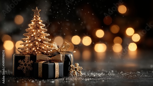 A minimalist Christmas background with black backdrop, a Christmas tree made of golden lights, gift and snowflakes elegant luxury and modern background