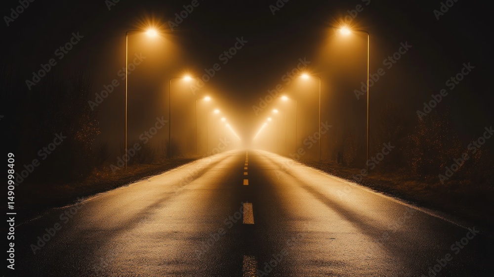 Eerie and Atmospheric Night Road Scene Bathed in Streetlight Glow and Dense Fog Eerie and Atmospheric Night Road Scene Bathed in Streetlight Glow and Dense Fog