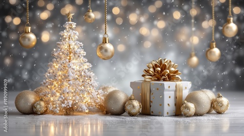  A minimalist Christmas background, a Christmas tree made of golden lights, gift and snowflakes elegant luxury and modern background