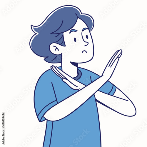 A cartoon illustration of a person with short, dark hair, making an "X" shape with their arms across their chest. They have a somewhat displeased or skeptical expression.