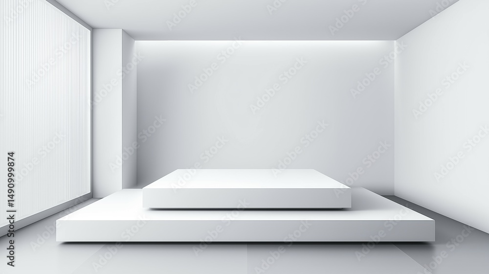 Fototapeta premium Contemporary White Interior Showcasing a Clean and Minimalist Design, Featuring a Stepped Platform Ideal for Art Exhibits or Product Displays