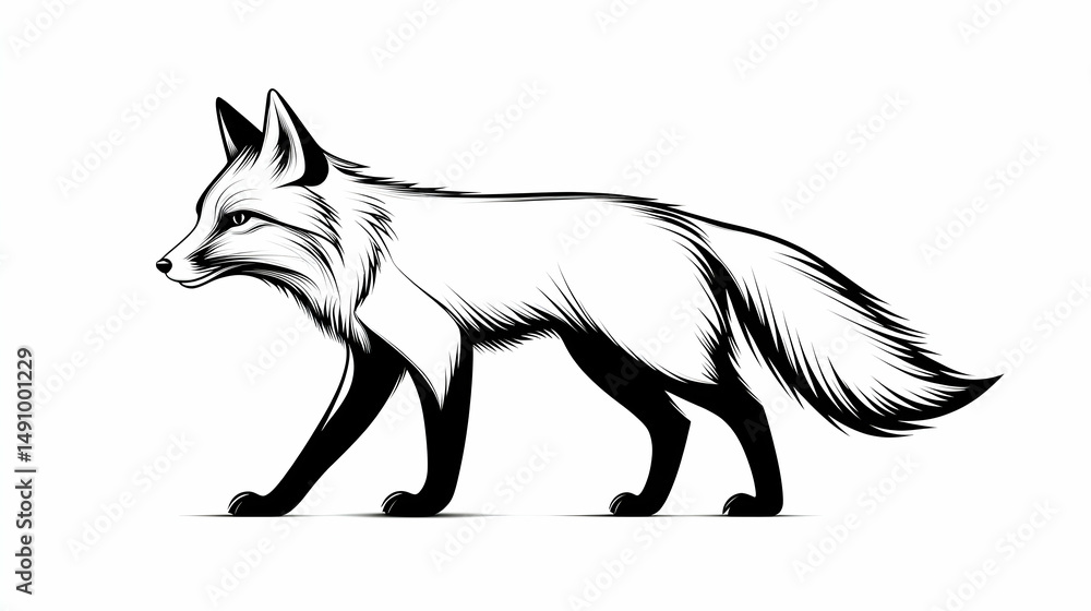 Obraz premium Black And White Fox Illustration Side Profile