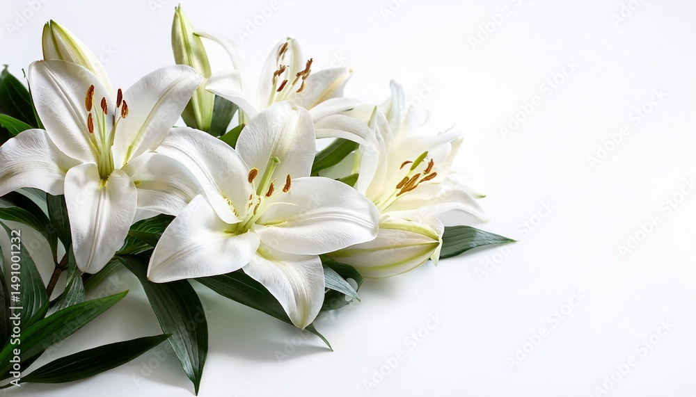 Fototapeta premium delicate white lilies blooming gracefully on white background