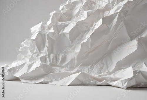Slightly crumpled recycled white paper, showing varied shading and subtle shadows ,  paper backdrop,  soft,  off-white