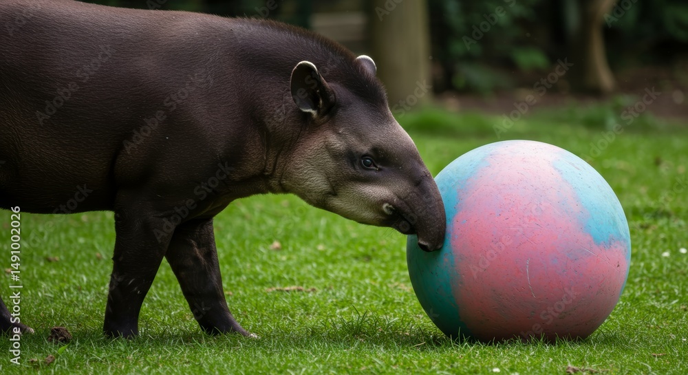 Fototapeta premium A playful malayan tapir interacts with a large colorful ball in a lush green field at the local zoological park on a bright sunny day