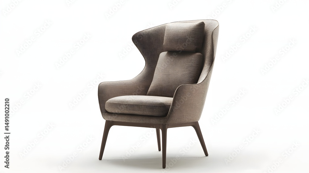 Modern upholstered wingback chair, presented in setting. Modern upholstered wingback chair, presented in setting.