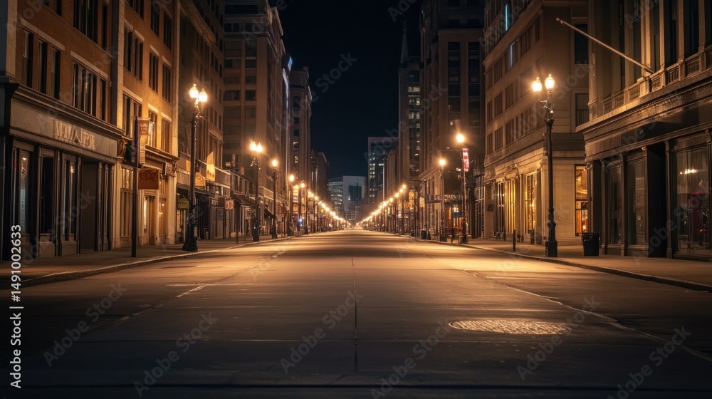 Serene nightscape of an urban avenue illuminated by vintage streetlights glow Serene nightscape of an urban avenue illuminated by vintage streetlights glow
