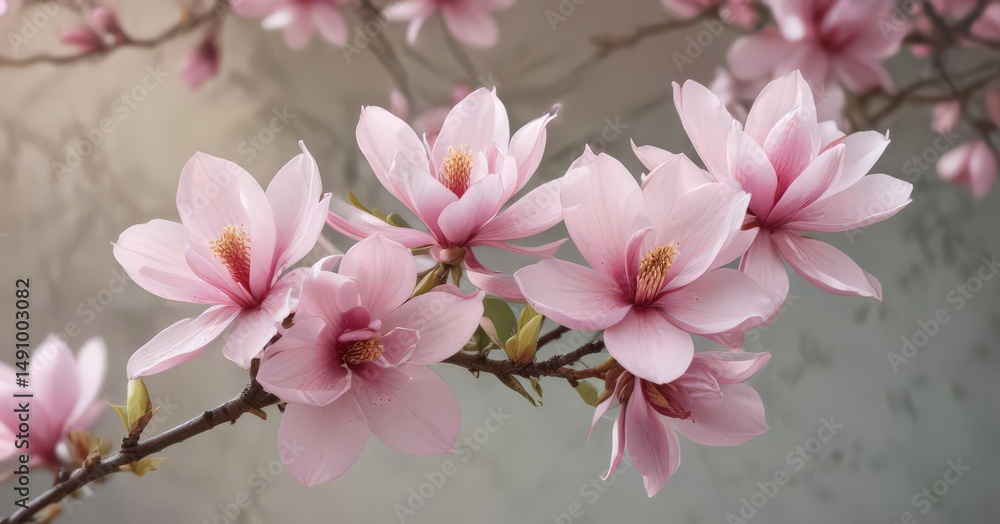 Delicate pink magnolia blossoms on a branch against a blurred background , airy, spring blossom Delicate pink magnolia blossoms on a branch against a blurred background , airy, spring blossom
