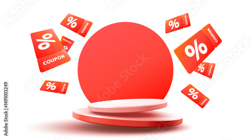 Orange coupons with percentage fly near podium. Vector illustration