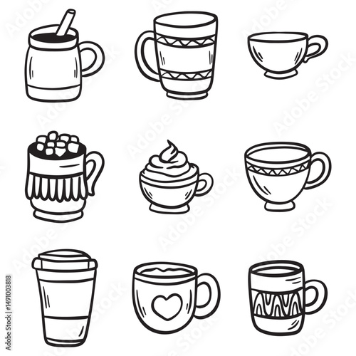 Set of Tea or coffee cup vector doodle hand drawn line illustration. In cute cartoon style for your projects