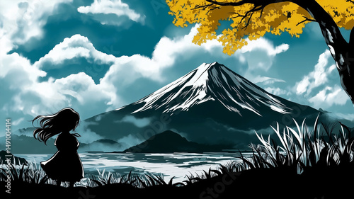 A silhouette of a girl looks out over a serene lake with a majestic snowy mountain in the background, under a dramatic sky and a golden leafed tree