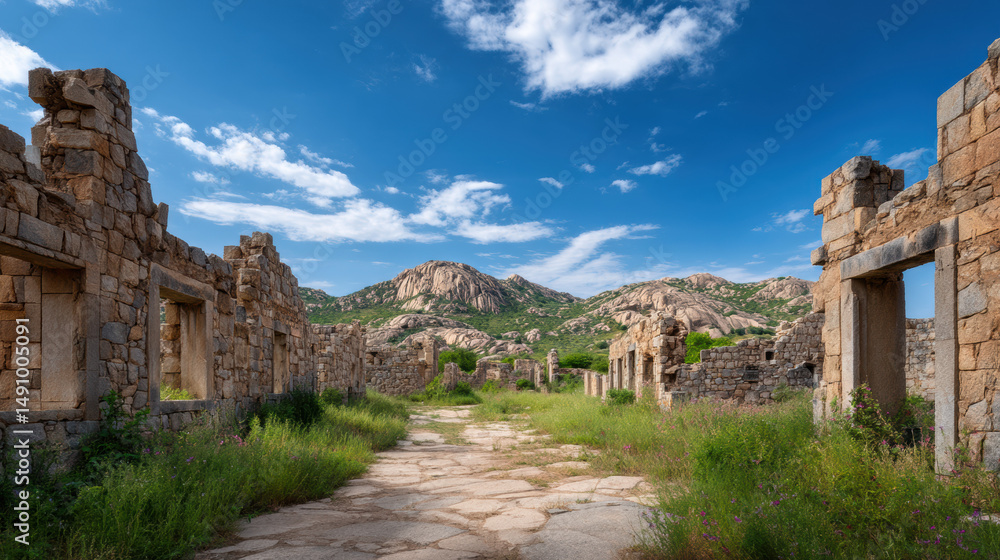 Fototapeta premium Ancient ruins stand against a vibrant blue sky with scattered clouds, showcasing the historical architecture and landscape of a forgotten civilization in India.