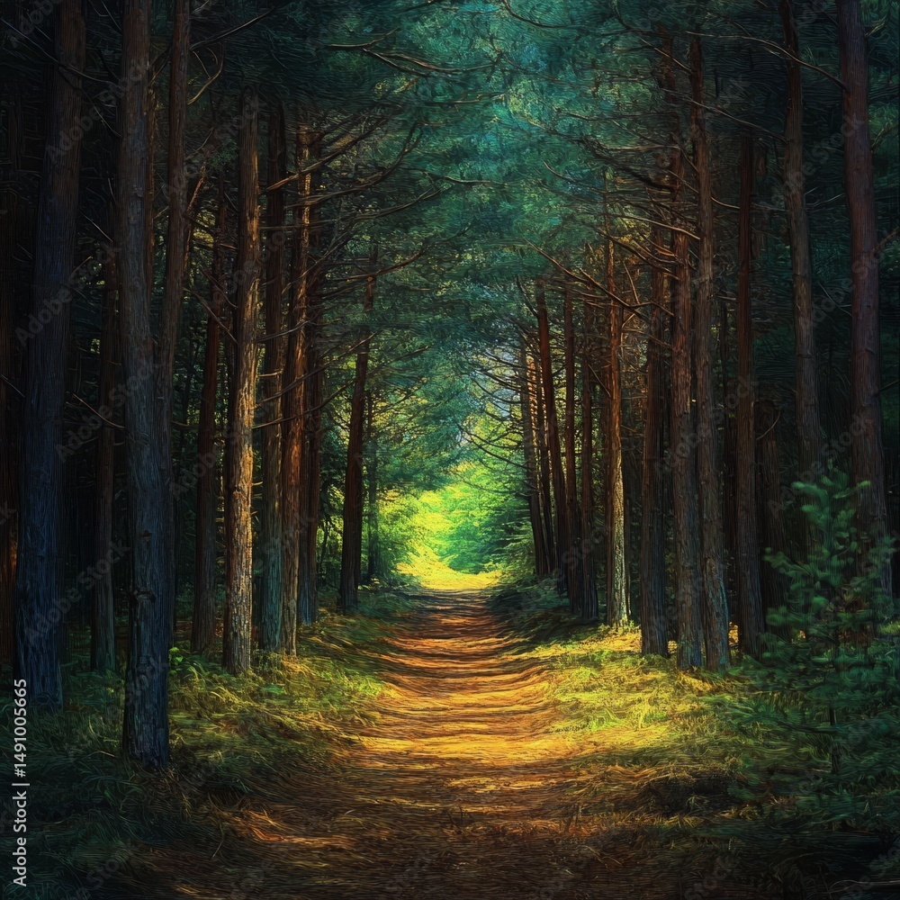 Naklejka premium Pathway in the dark forest. Illustration. Computer drawing.
