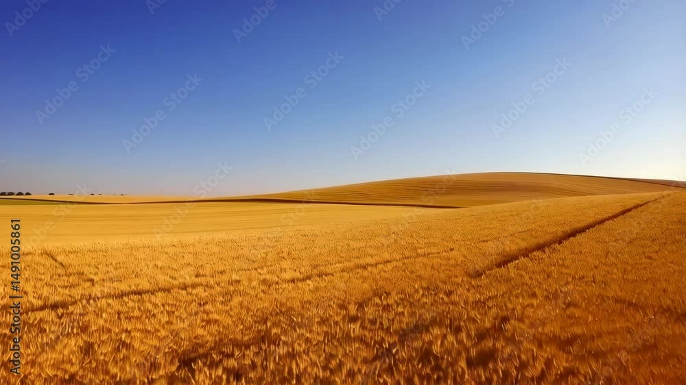 Golden wheat stalks blowing in a gentle breeze under a clear blue sky on a sunny day in summer, agricultural countryside, harvest time Golden wheat stalks blowing in a gentle breeze under a clear blue sky on a sunny day in summer, agricultural countryside, harvest time