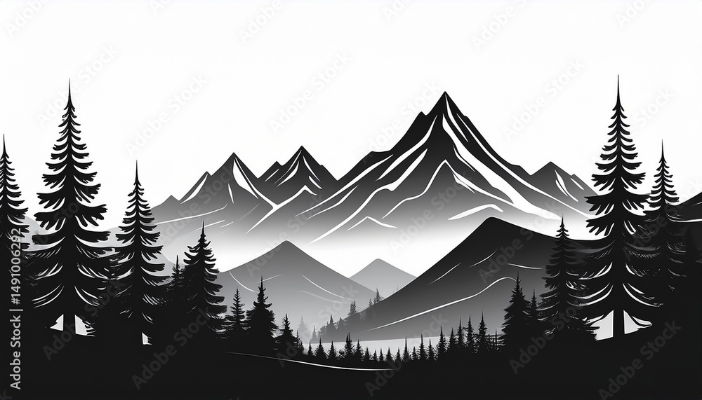 Fototapeta premium black silhouette of mountains and fir trees in a camping landscape