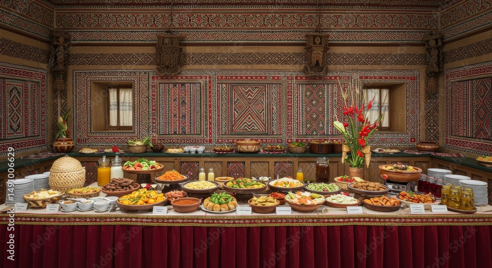 Fototapeta premium Exquisite buffet setup with diverse culinary offerings in elegant setting