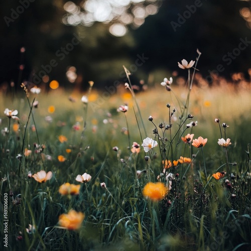 Beautiful meadow with flowers. Vintage toned image with shallow depth of field