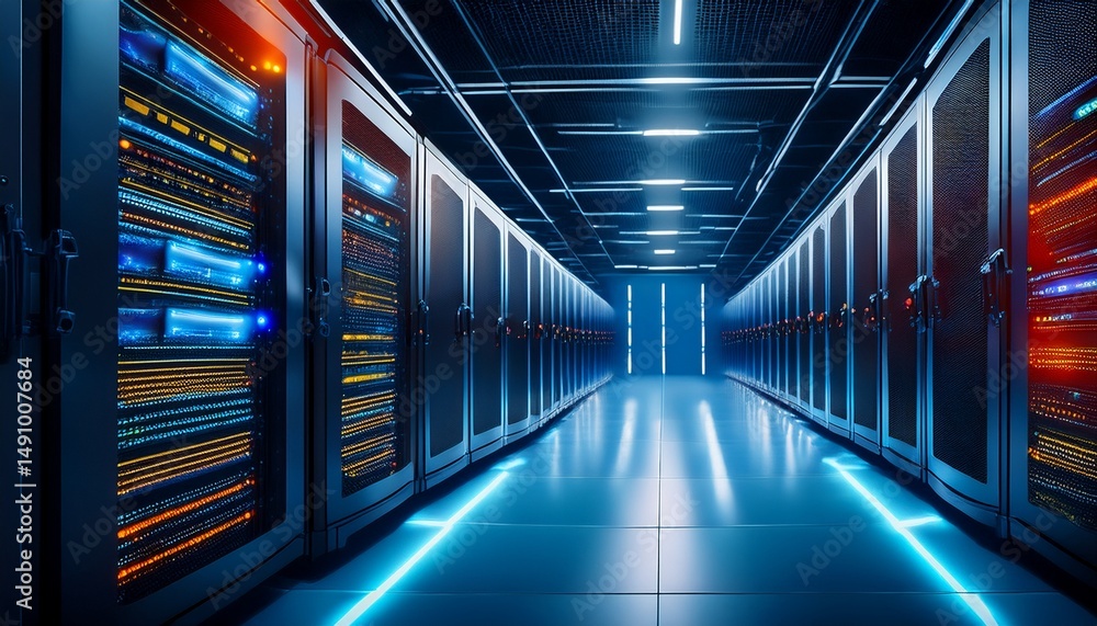 Fototapeta premium close up view of illuminated server panels in a modern data center showcasing technology