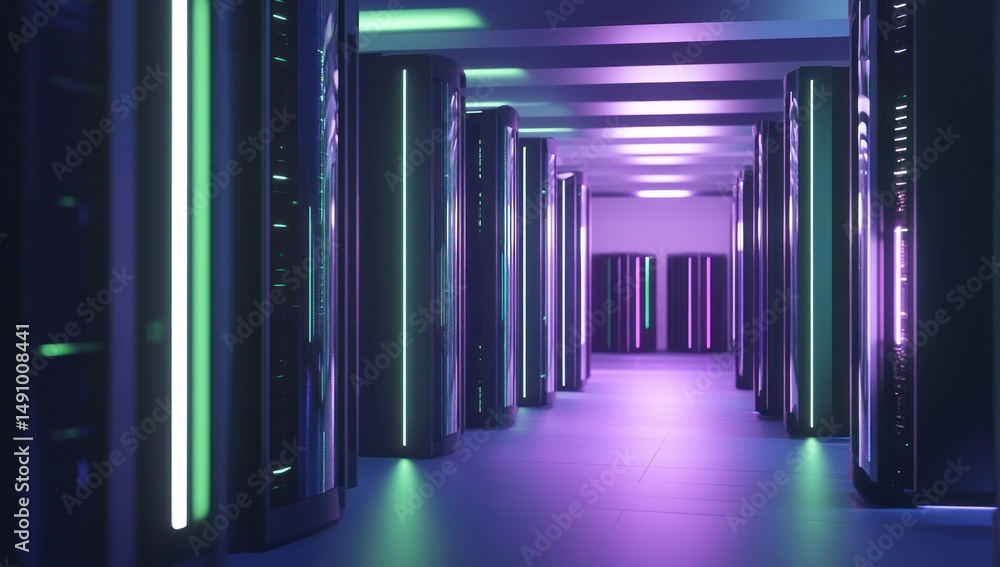 Fototapeta premium Neon-Lit Server Hall: A Glimpse into the Digital Core
