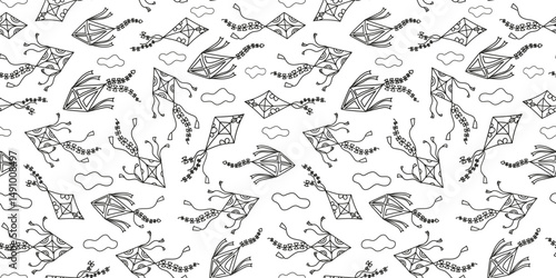 Pattern, seamless background. Kite flying in the sky, clouds. Hand drawn icon, doodle. Set of line drawings, sketch.