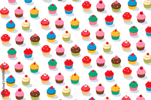 Collection of Sweet Cute Vibrant Colorful Cupcakes, Muffins, Cakes Seamless Pattern – Dessert Background for Bakery Wrapping Paper, Restaurant Wall Art, Backdrops, Party Stickers, and Food Packaging