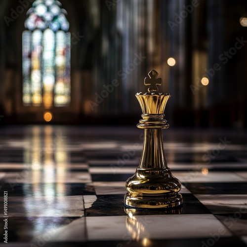 Chess king on the chessboard in a church, business concept