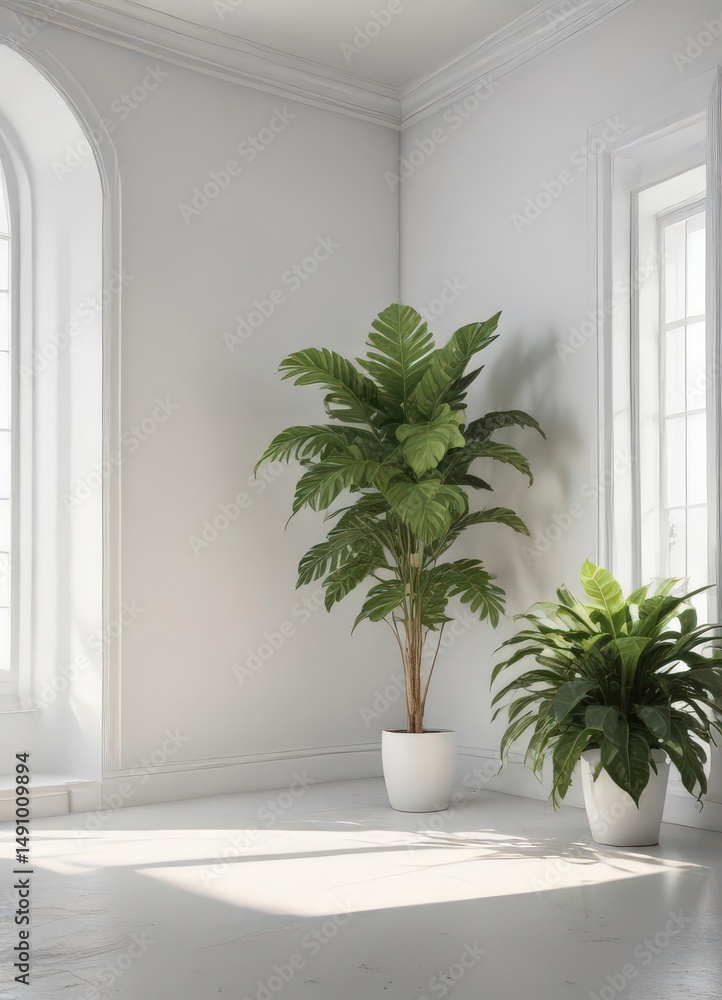 Fototapeta premium Empty white room, large leafy plant in corner, pot, backdrop
