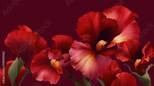 Richly colored red iris flowers bloom in a dramatic close-up composition against a dark maroon background, radiating beauty and artistic floral elegance.