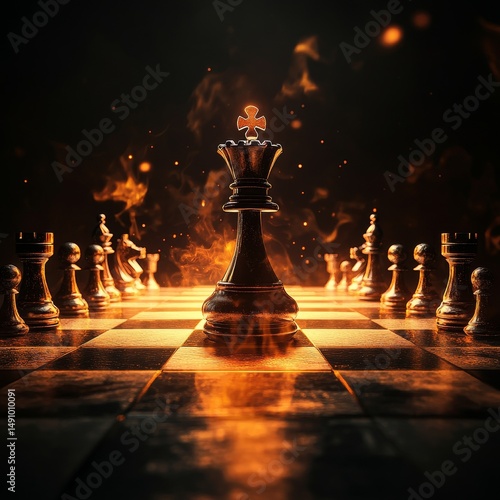 Chess board with chess pieces on fire background, business concept.