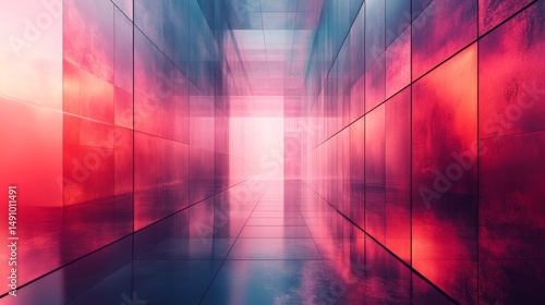 Abstract corridor with vibrant reflections.