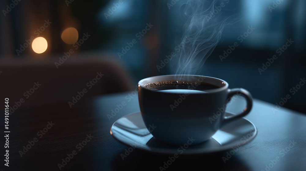 Obraz premium Steaming Cup of Coffee on Wooden Table in Warm Evening Light