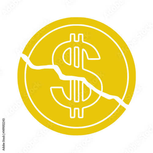 Vector illustration of a bright yellow dollar bill with cracks dividing its surface. Depicts the concept of fragile finances, financial loss, or economic challenges.