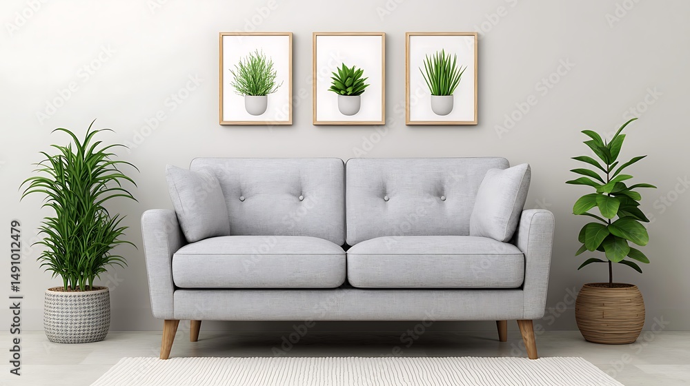 Naklejka premium Modern living room interior featuring a gray sofa, framed botanical prints, and green plants for tranquil home decor.
