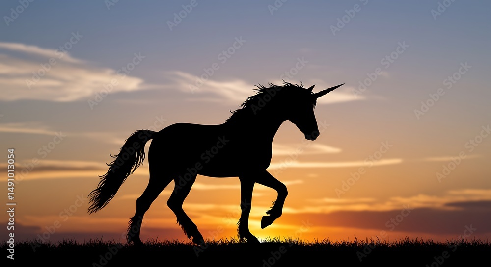 Sunset Silhouette: Unicorn's Majesty Sunset Silhouette: Unicorn's Majesty