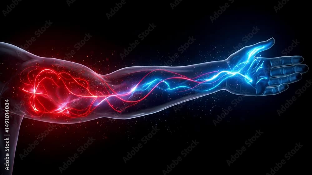 Glowing bloodstream flow in human arm illustrated with neon red and blue light effects. Anatomical veins and arteries shown on black background. Concepts: bloodstream, circulation, anatomy, neon
