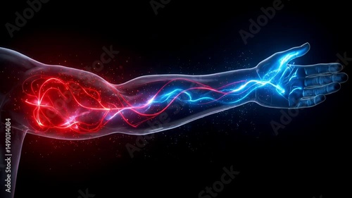 Glowing bloodstream flow in human arm illustrated with neon red and blue light effects. Anatomical veins and arteries shown on black background. Concepts: bloodstream, circulation, anatomy, neon
