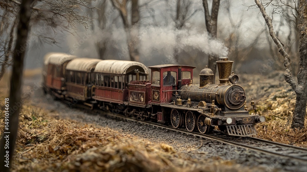 Fototapeta premium Detailed model train moving through a wintry forest scene.