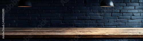 Dark brick wall backdrop with wooden tabletop display.