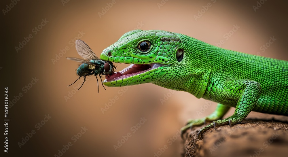 Fototapeta premium Vibrant green lizard hunting and capturing a fly in its natural habitat