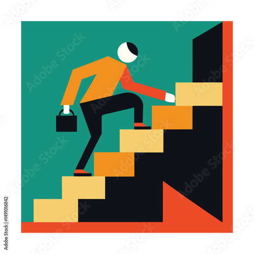 Abstract illustration of a businessman climbing staircase to achieve goals and career success