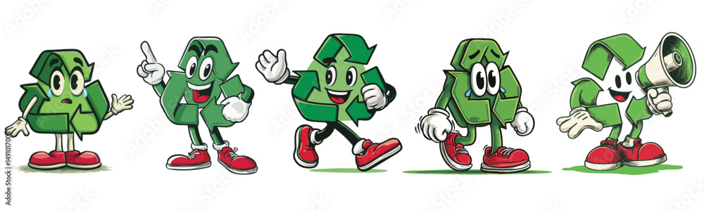 Obraz premium vintage retro style recycling symbol cartoon mascot character with expressive faces and gestures