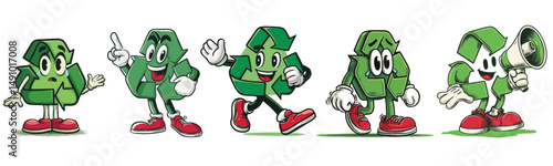 vintage retro style recycling symbol cartoon mascot character with expressive faces and gestures