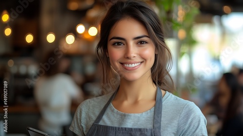Friendly Café Owner Holding Tablet at Entrance of Modern Restaurant