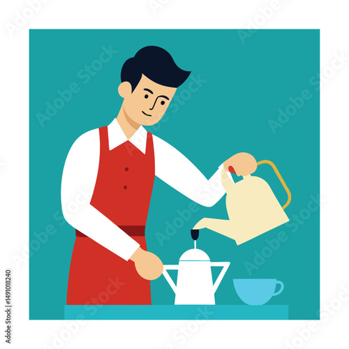 Illustration of a smiling barista pouring hot water into a coffee pot for brewing