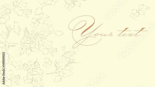 Vector background for banners in romantic style. On beige background fragile branches decorated with leaves and flowers drawn with lines. Inscription isolated from background.