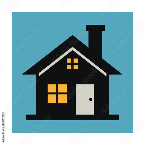 Simple illustration of a black house icon with glowing yellow windows and a chimney on blue background.