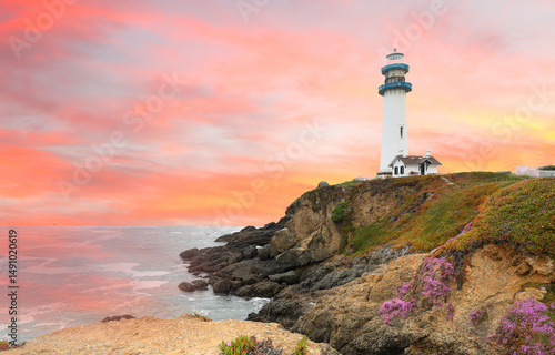 Pigeon Point lighthouse at sunset, San Francisco, California. Located in Pigeon Point Light Station State Historic Park, the house was built in 1871 to guide ships on the Pacific coast of California.